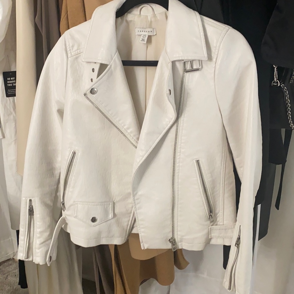TOPSHOP White Moto Jacket Faux Leather